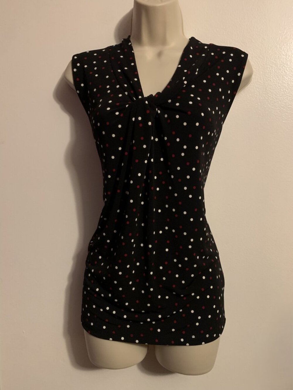 NWT Kasper Colored Polka Dot Printed Knot-Front V-Neck Sleeveless Blouse Size LG